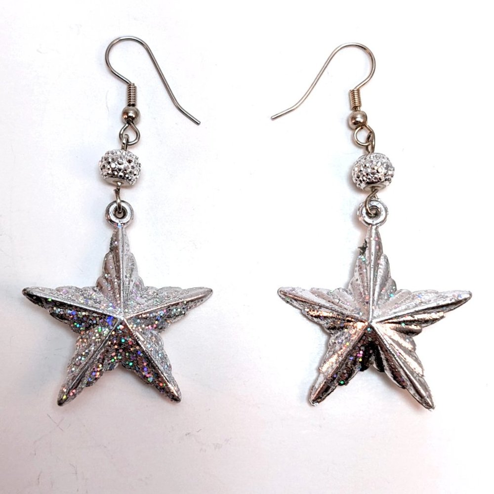 Handmade Star Dangle Earrings Silver Holo Rainbow Glitter Celestial Holographic